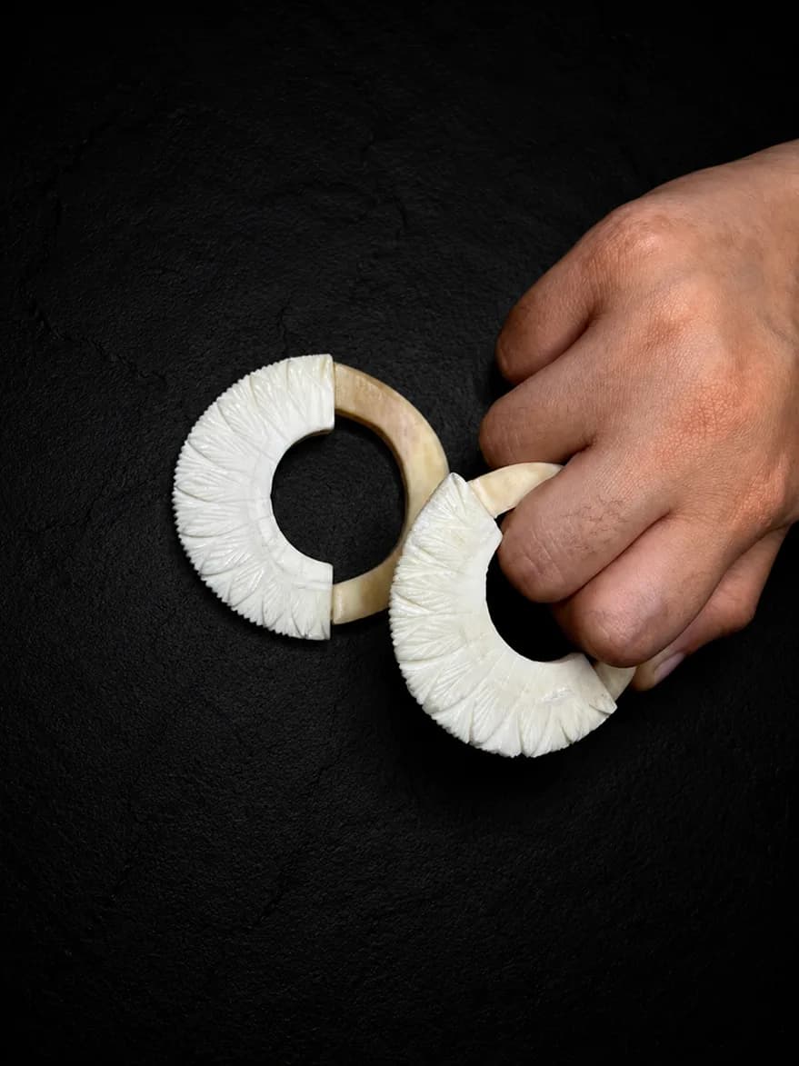 Carved buffalo-bone piece photographed on dark stone (2 of 10)