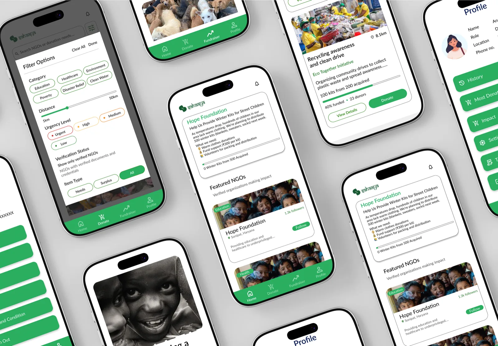 Grid of Sahaaya app screens