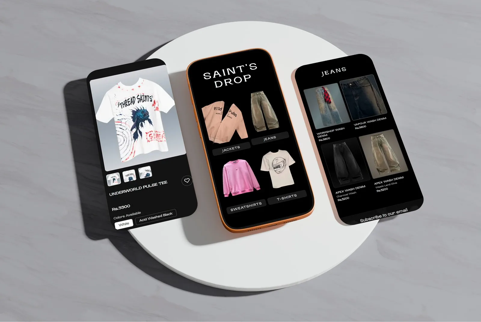 ThreadSaints storefront on three phone screens